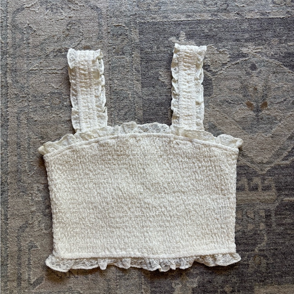 Storia Cream Textured Top with Lace Detail